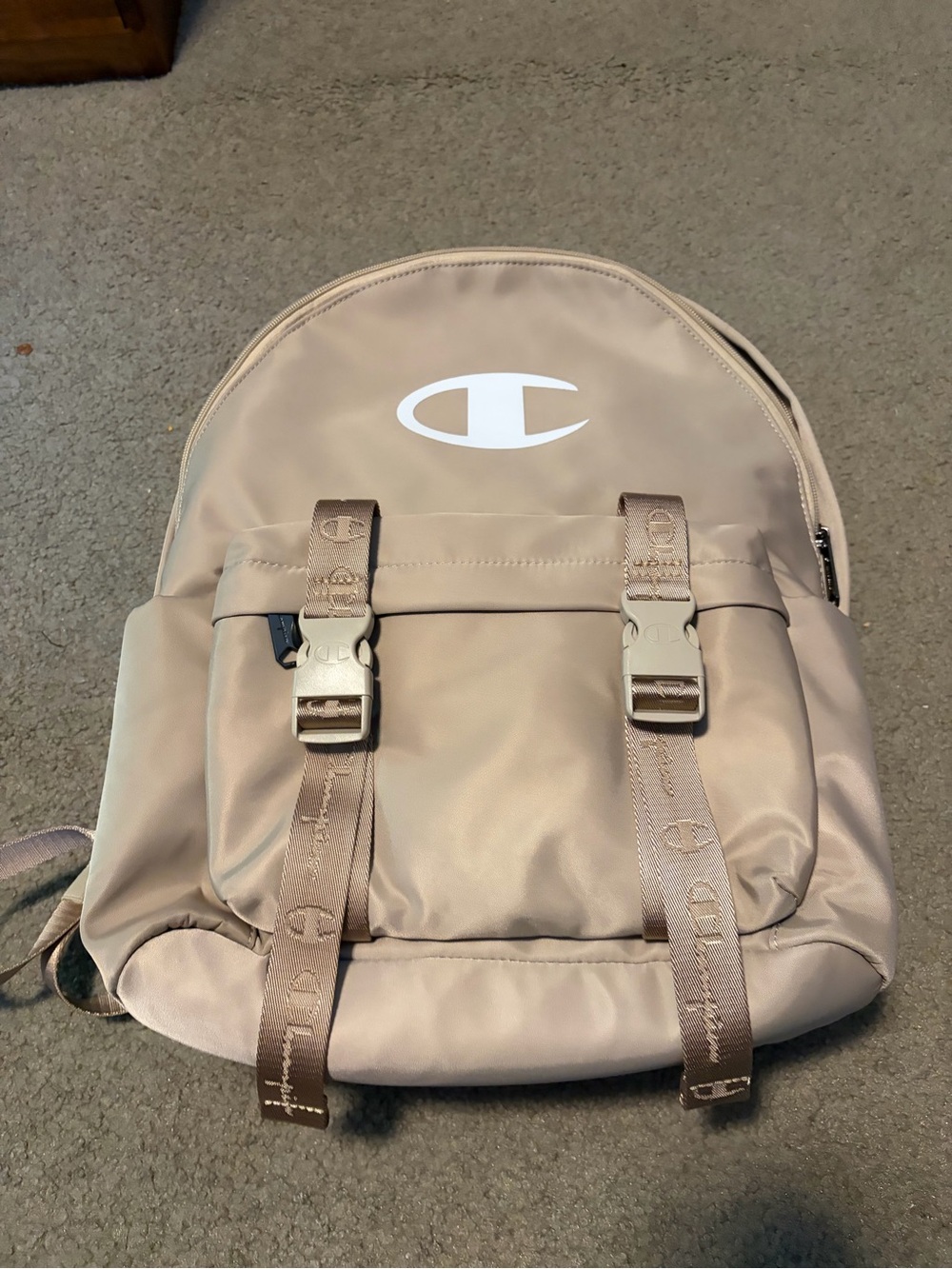 Champion Beige Logo Backpack with Buckle Straps